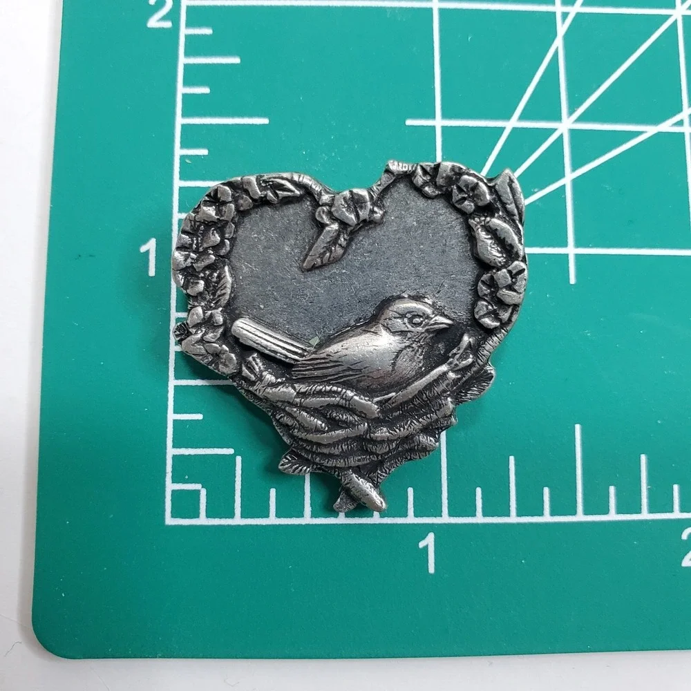 Vintage Birds & Blooms Pewter Heart with Bird in a Nest Brooch Pin Jewelry